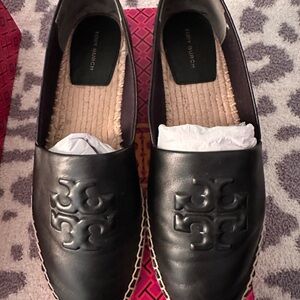 Tory Burch Black Leather Logo Espadrille Flats